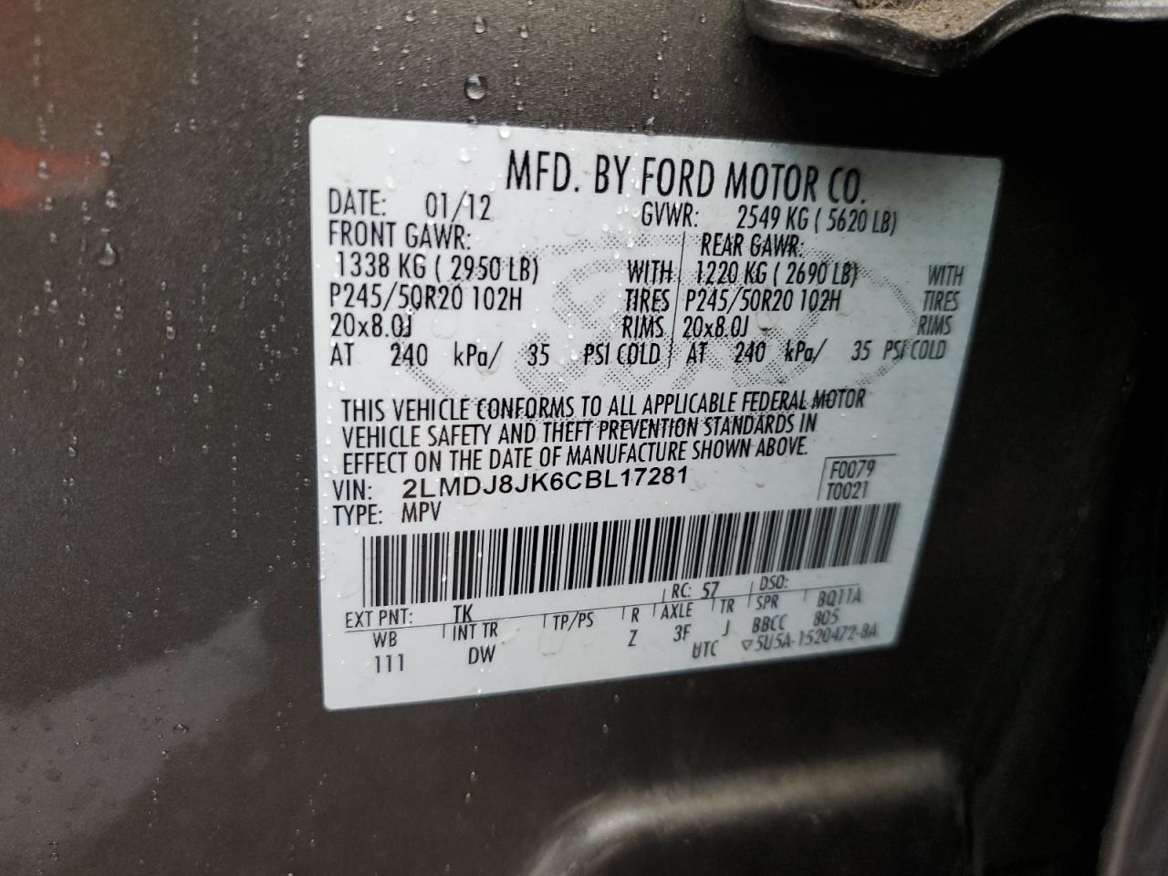 2012 Lincoln MKX VIN 2LMDJ8JK6CBL17281 Copart auction photo, front end / side damage thumbnail 15