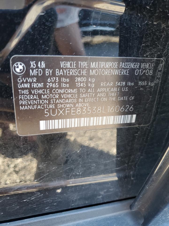 2008 BMW X5 VIN 5UXFE83538L160626 Copart auction photo, front end / minor dent/scratches damage thumbnail 13