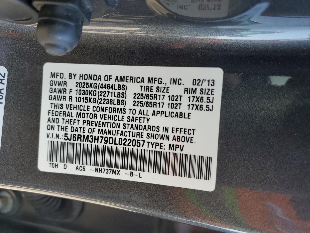 2013 Honda CR-V VIN 5J6RM3H79DL022057 Copart auction photo, rear end damage thumbnail 14