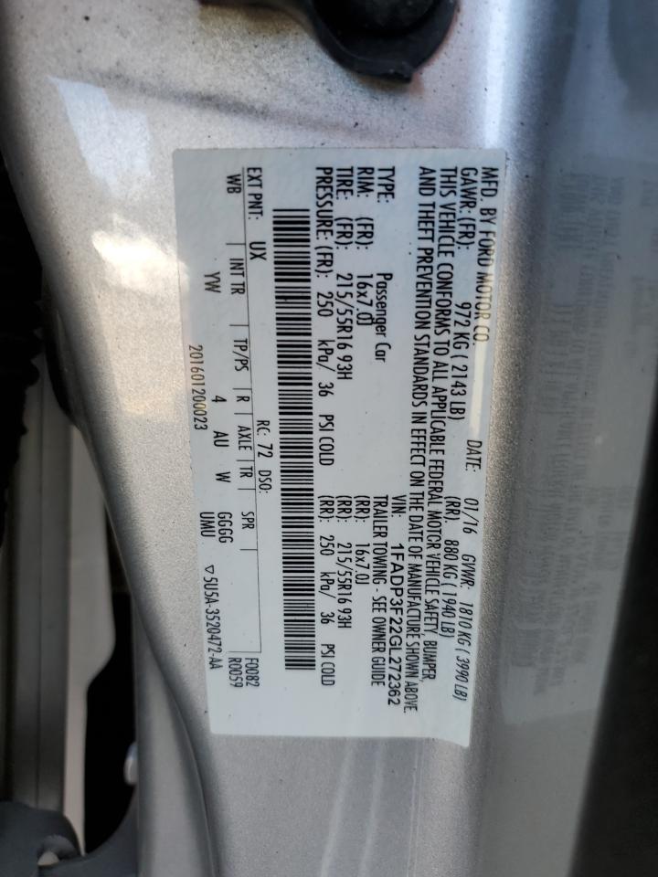 2016 Ford Focus VIN 1FADP3F22GL272362 Copart auction photo, side damage thumbnail 12