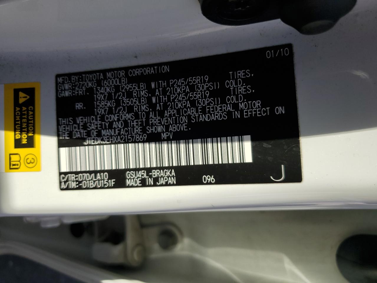 2010 Toyota Highlander VIN JTEDK3EHXA2157869 Copart auction photo, front end / rear end damage thumbnail 13