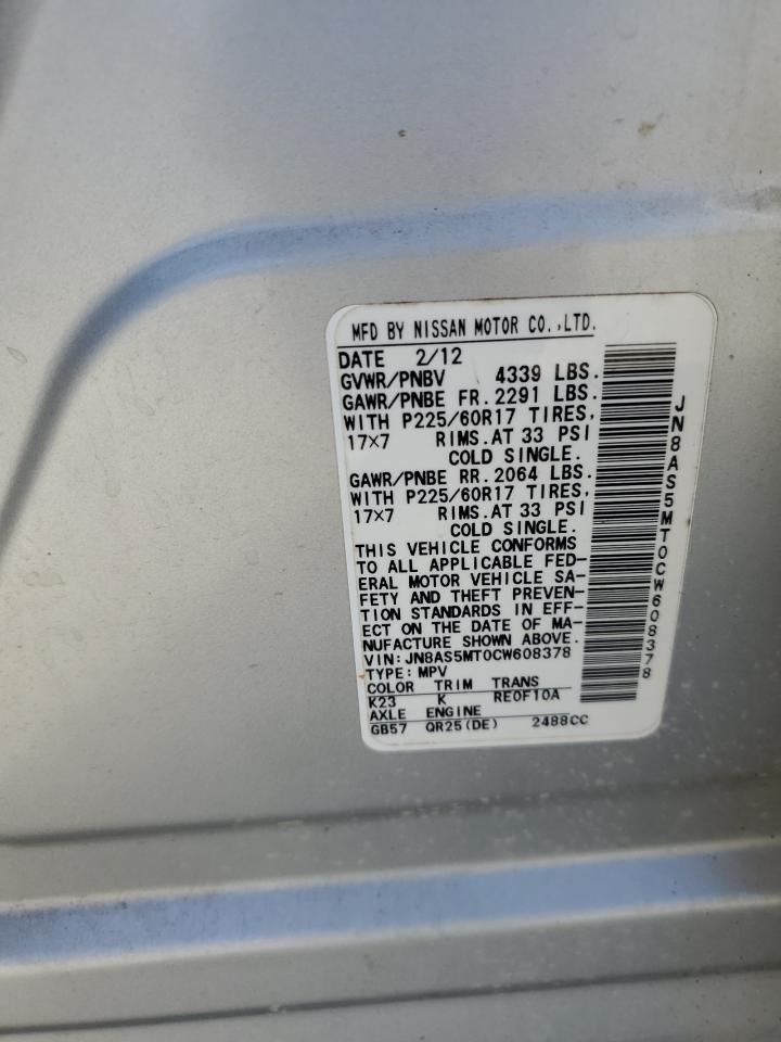 2012 Nissan Rogue VIN JN8AS5MT0CW608378 Copart auction photo, front end damage thumbnail 14