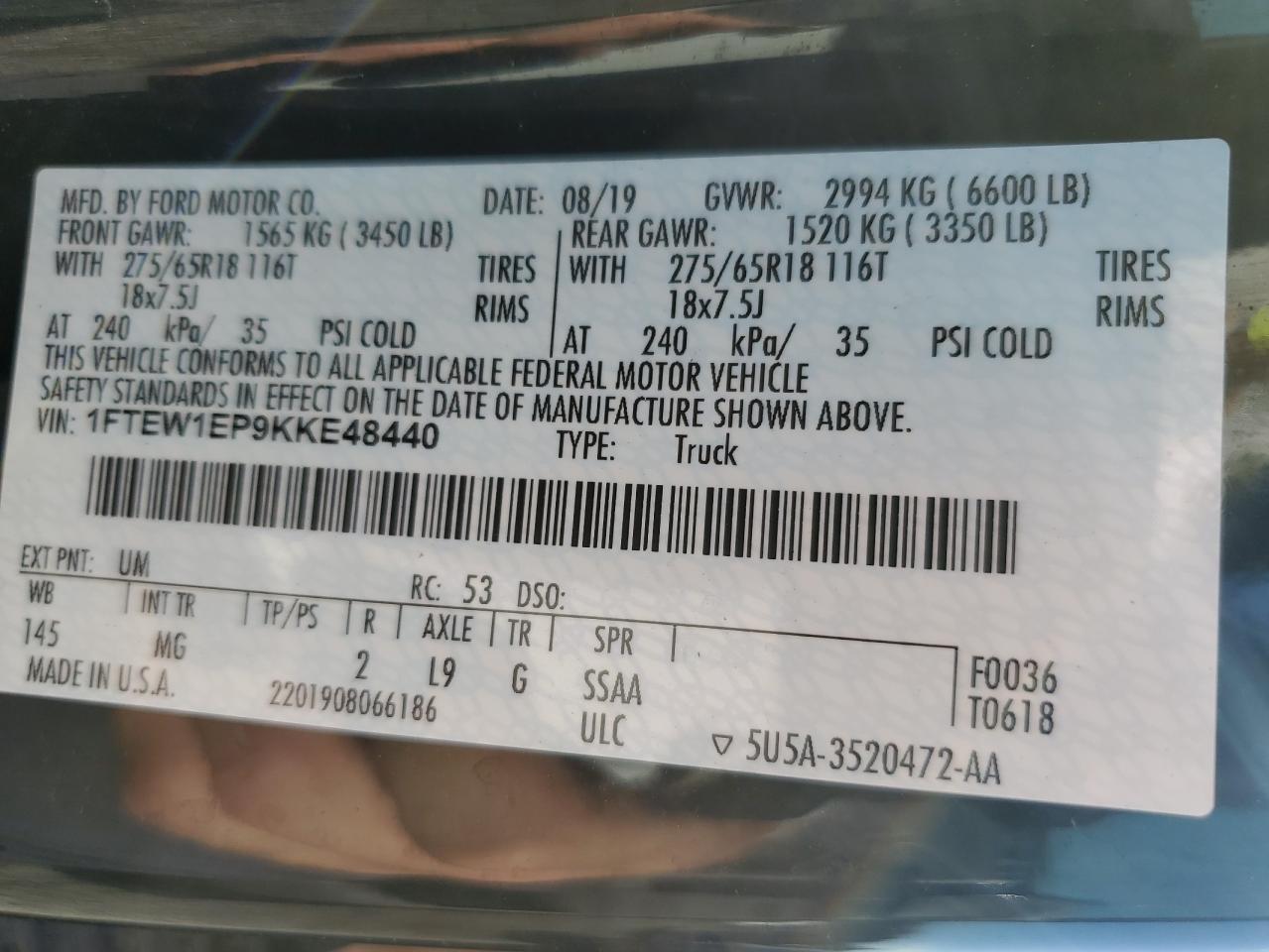2019 Ford F-150 VIN 1FTEW1EP9KKE48440 Copart auction photo, side / rear end damage thumbnail 15