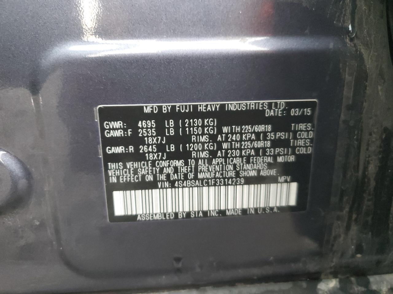 2015 Subaru Outback VIN 4S4BSALC1F3314239 Copart auction photo, front end damage thumbnail 15