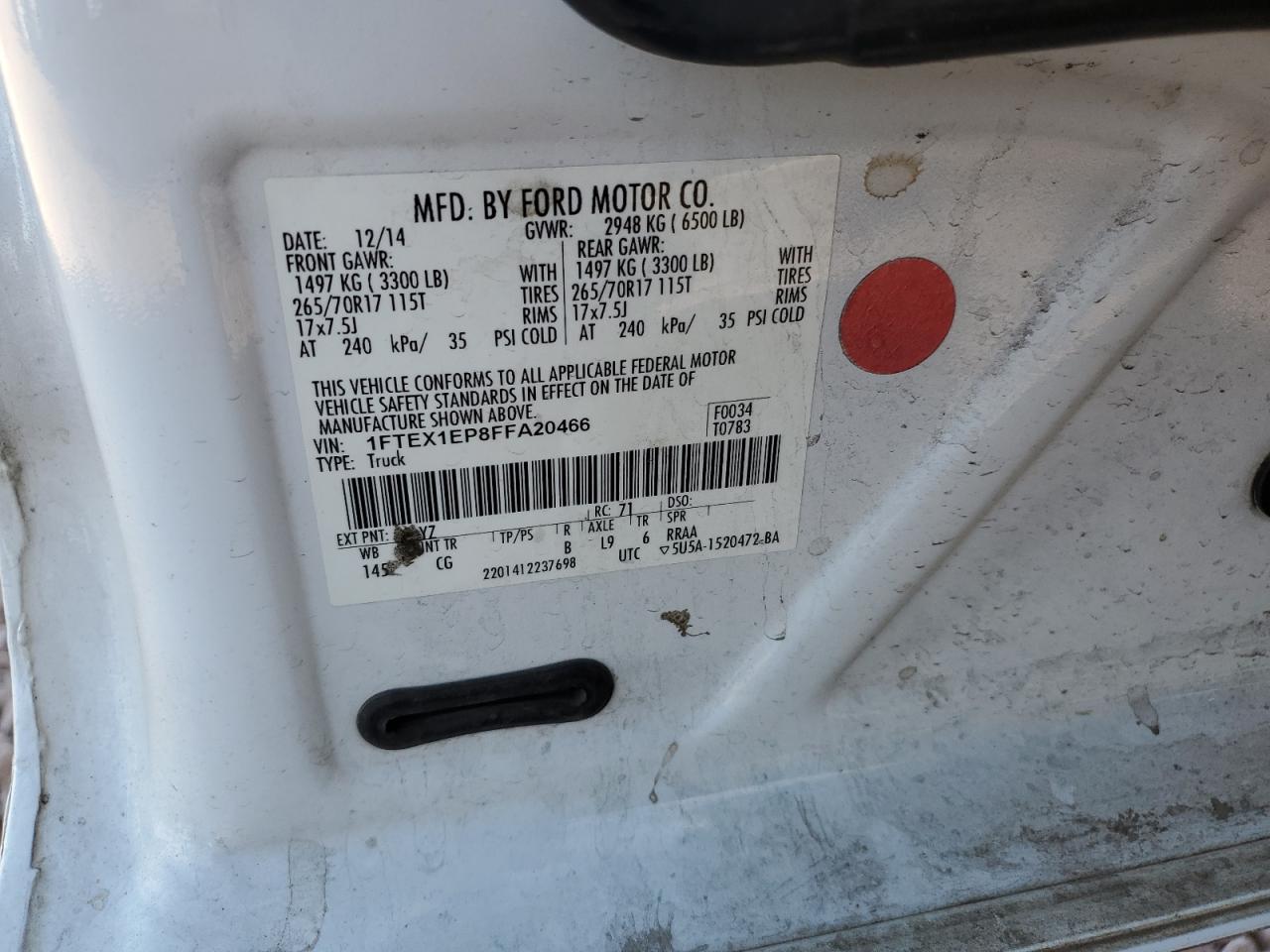 2015 Ford F-150 VIN 1FTEX1EP8FFA20466 Copart auction photo, rear end / front end damage thumbnail 12