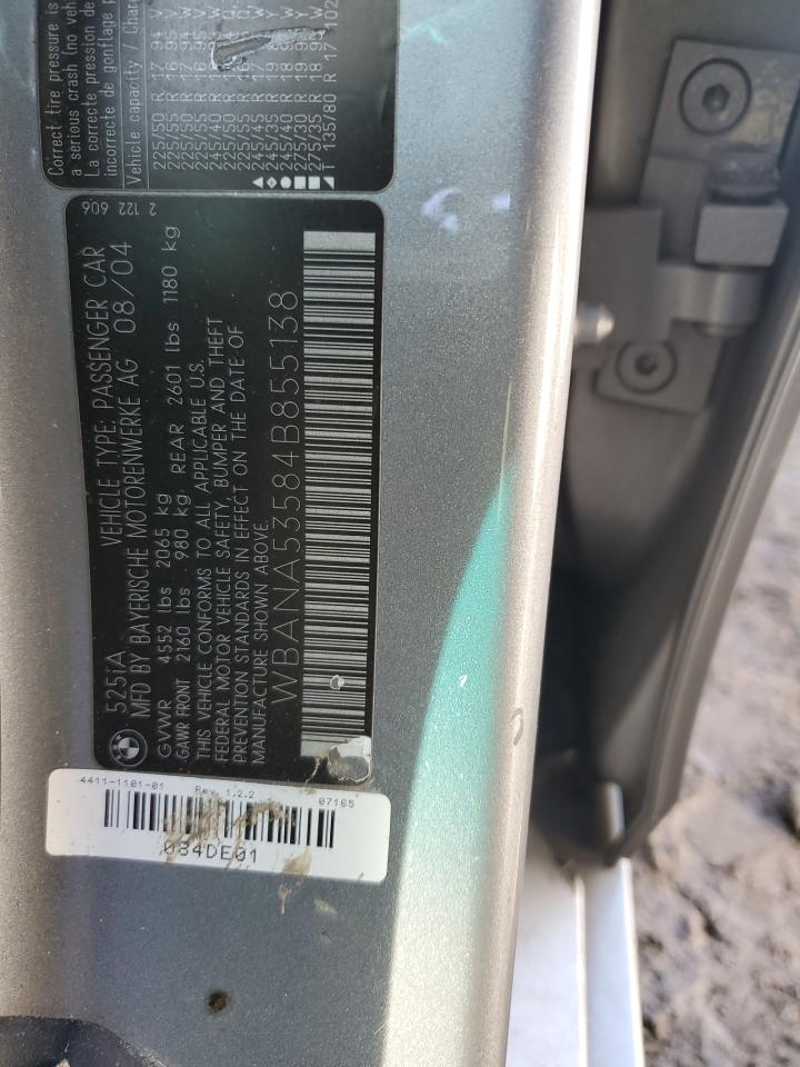 2004 BMW 5er VIN WBANA53584B855138 Copart auction photo, front end damage thumbnail 12