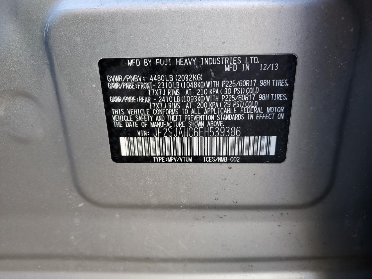 2014 Subaru Forester VIN JF2SJAHC6EH539386 Copart auction photo, rear end / side damage thumbnail 13