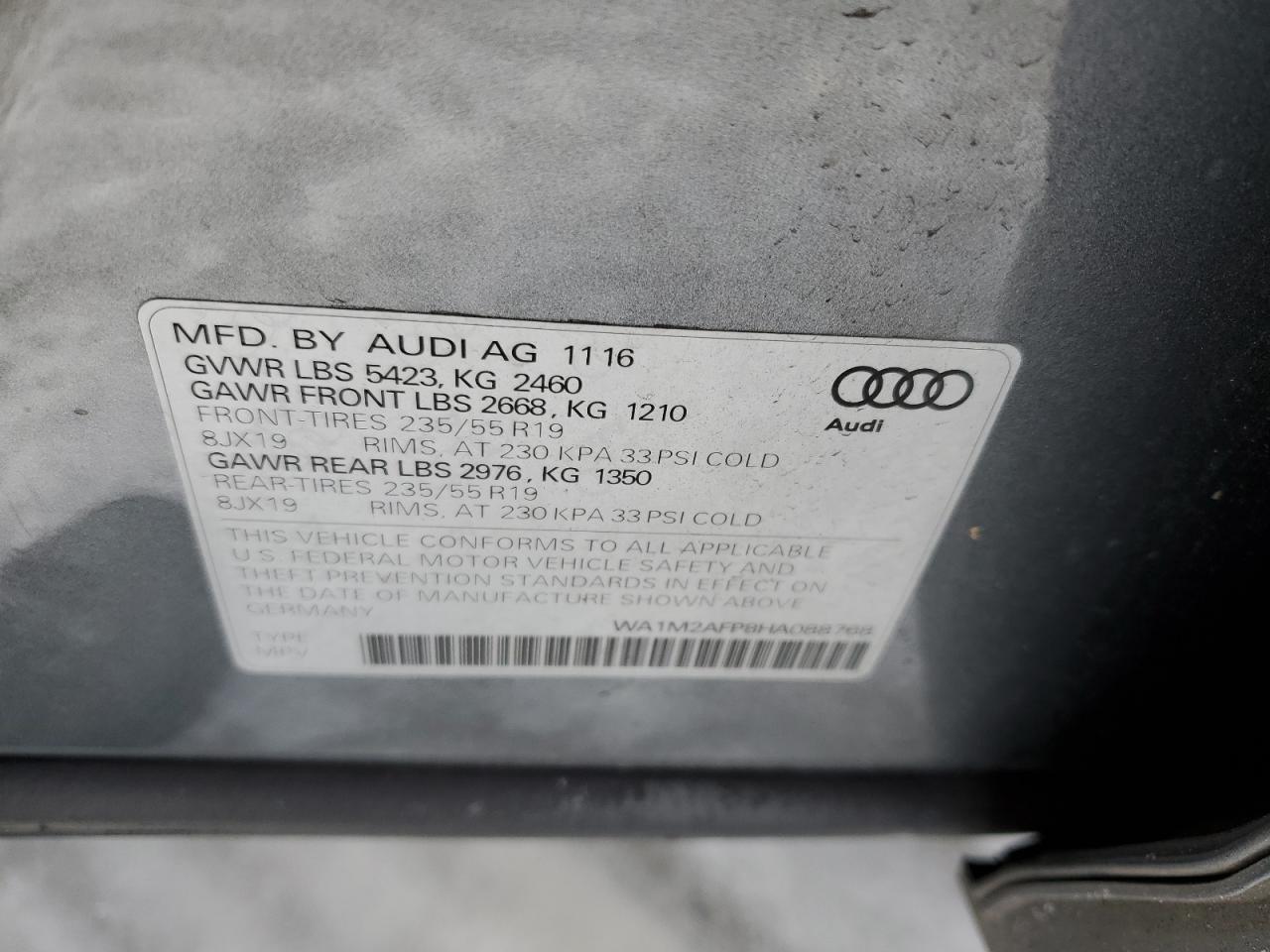 2017 Audi Q5 VIN WA1M2AFP8HA088768 Copart auction photo, front end damage thumbnail 13