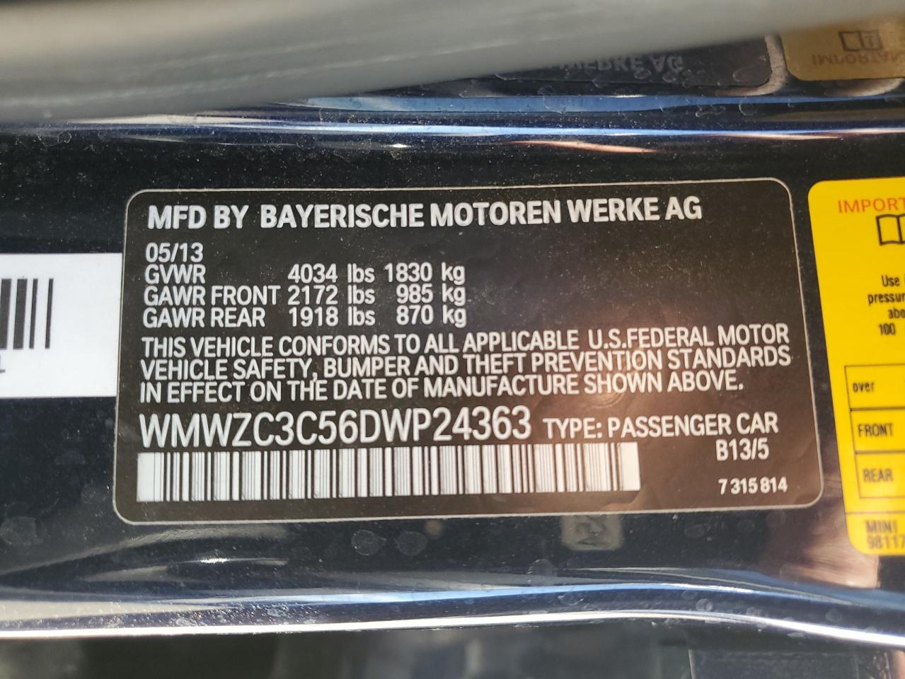 2013 MINI Cooper VIN WMWZC3C56DWP24363 Copart auction photo, front end damage thumbnail 13