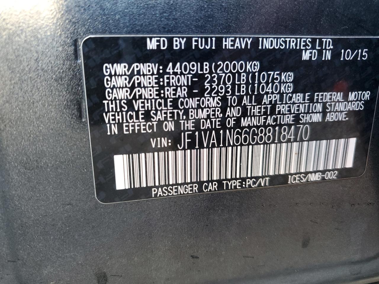 2016 Subaru WRX VIN JF1VA1N66G8818470 Copart auction photo, side / rear end damage thumbnail 14