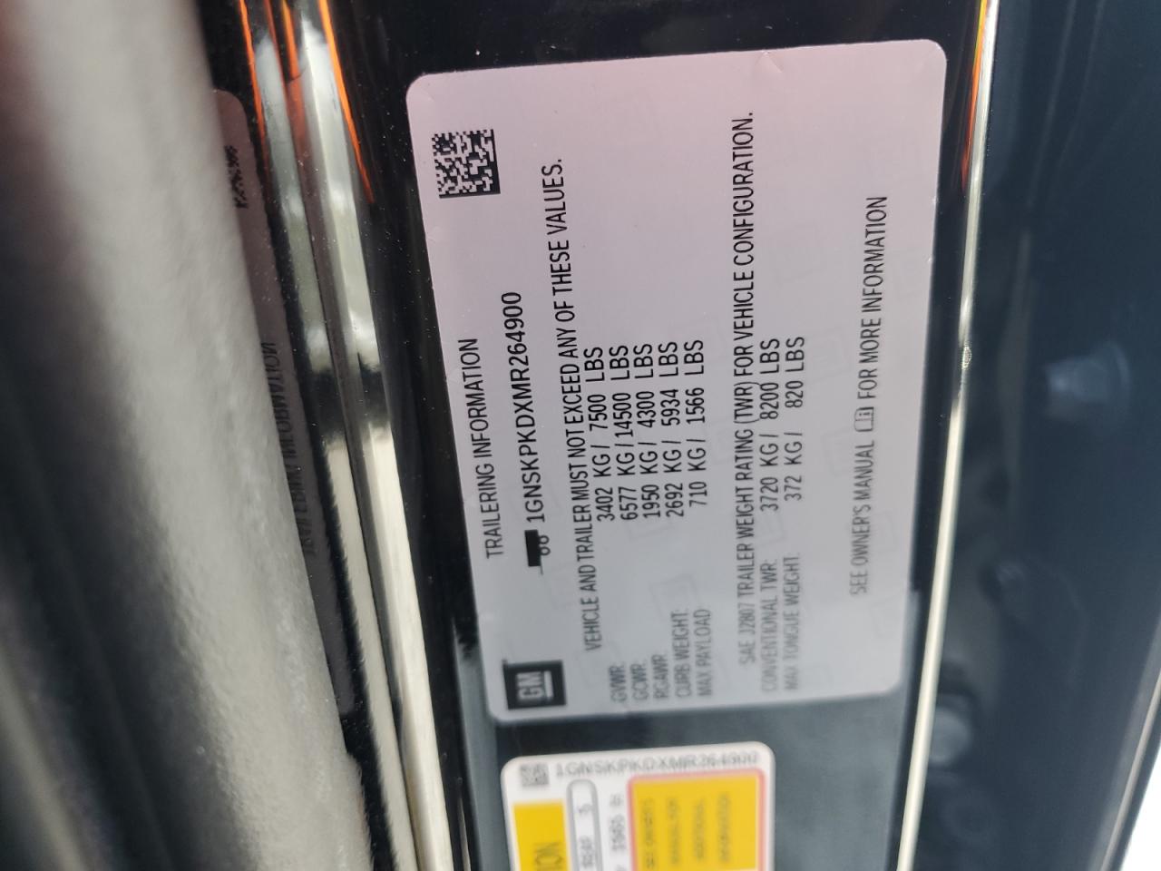 2021 Chevrolet Tahoe VIN 1GNSKPKDXMR264900 Copart auction photo, front end / side damage thumbnail 13