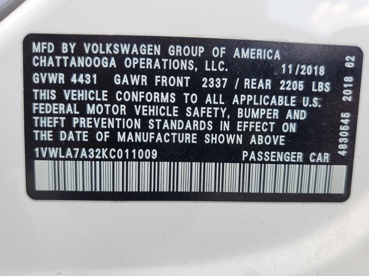 2019 Volkswagen Passat VIN 1VWLA7A32KC011009 Copart auction photo, all over damage thumbnail 12