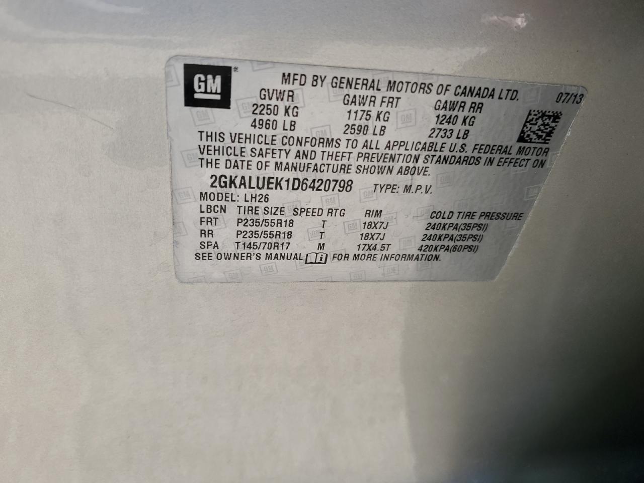 2013 GMC Terrain VIN 2GKALUEK1D6420798 Copart auction photo, front end damage thumbnail 13