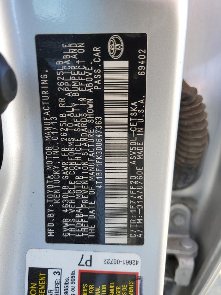 2013 Toyota Camry VIN 4T1BF1FK3DU647363 Copart auction photo, all over damage thumbnail 12