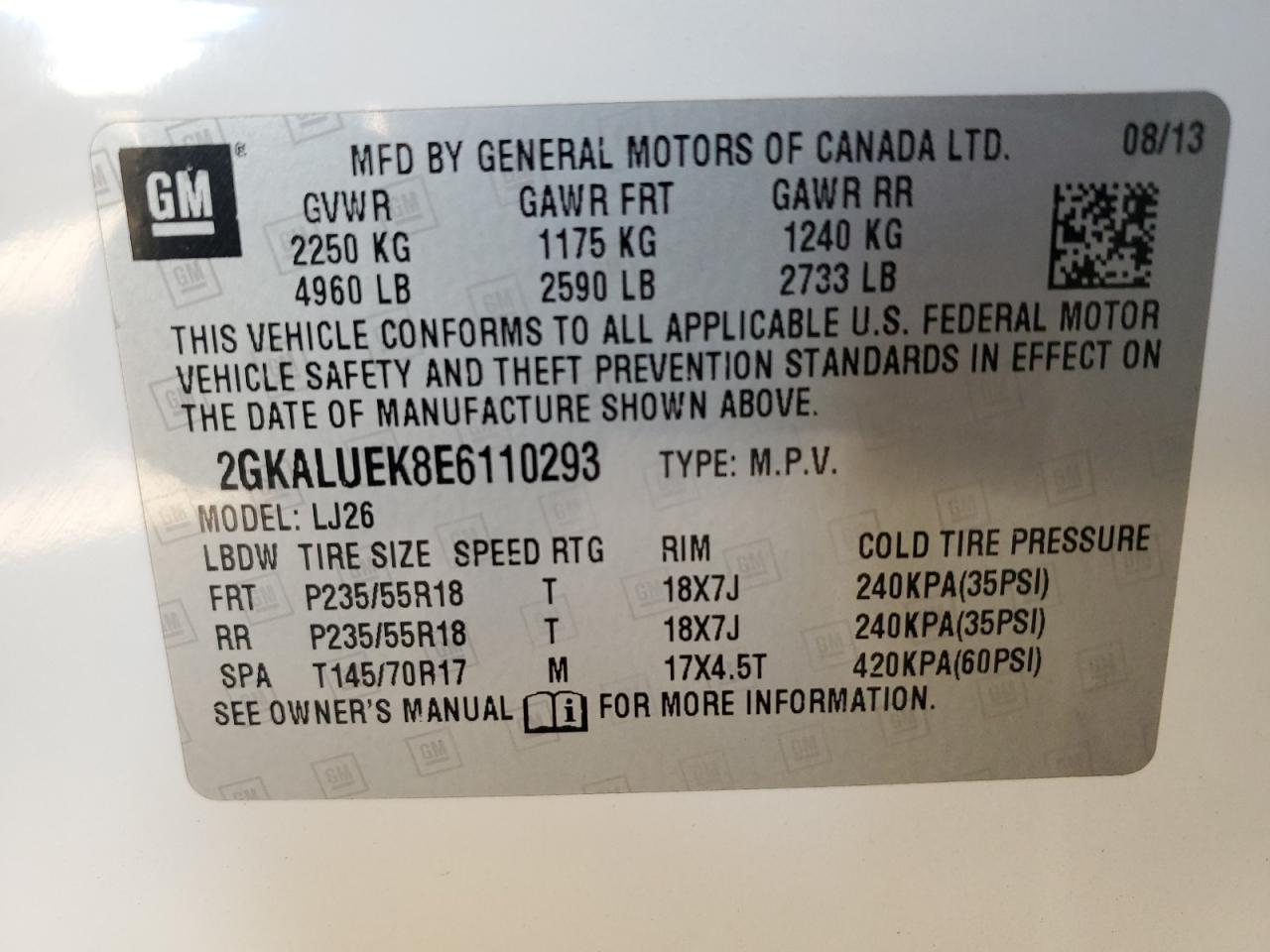 2014 GMC Terrain VIN 2GKALUEK8E6110293 Copart auction photo, front end damage thumbnail 12
