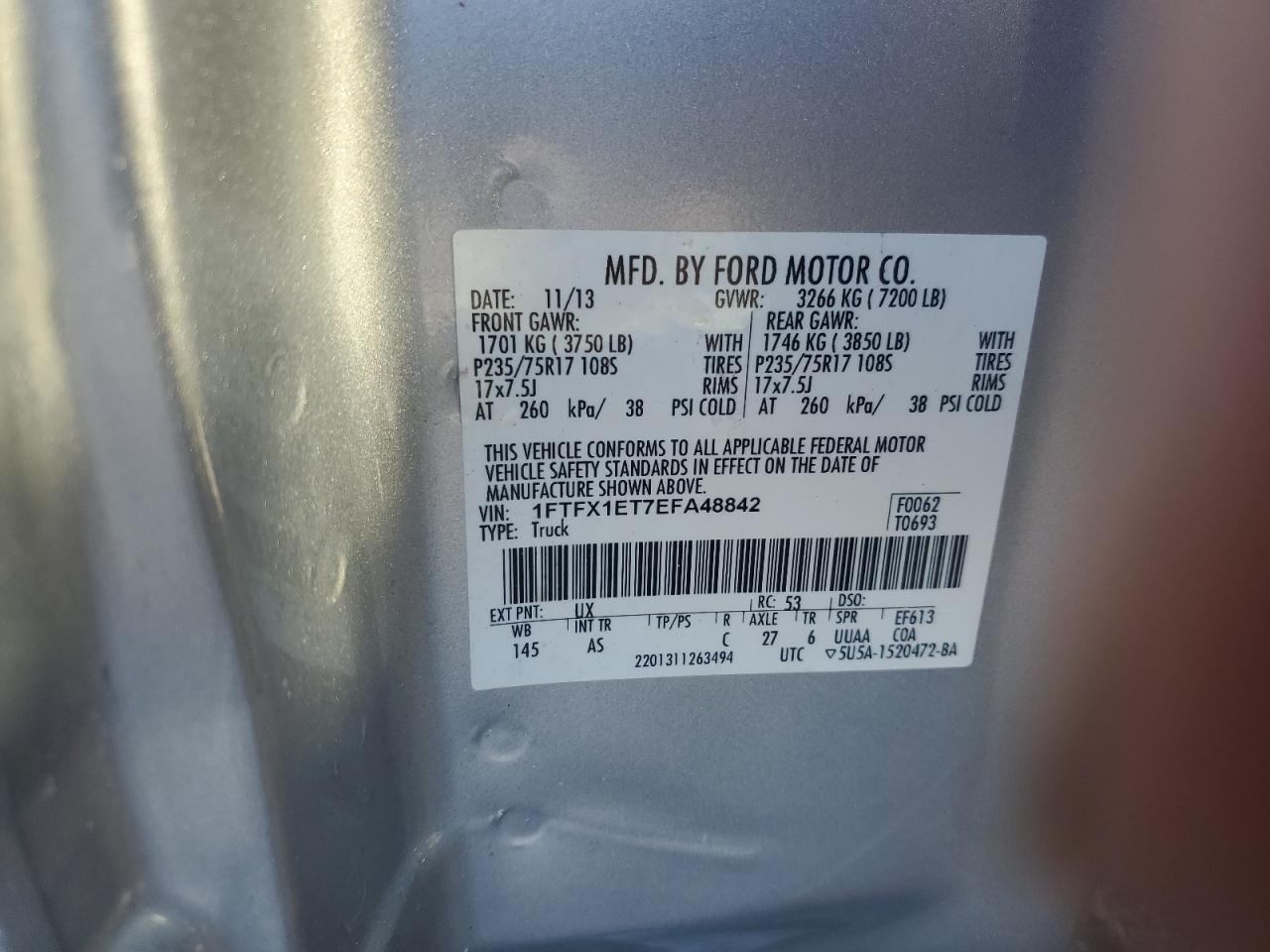 2014 Ford F-150 VIN 1FTFX1ET7EFA48842 Copart auction photo, all over / mechanical damage thumbnail 14
