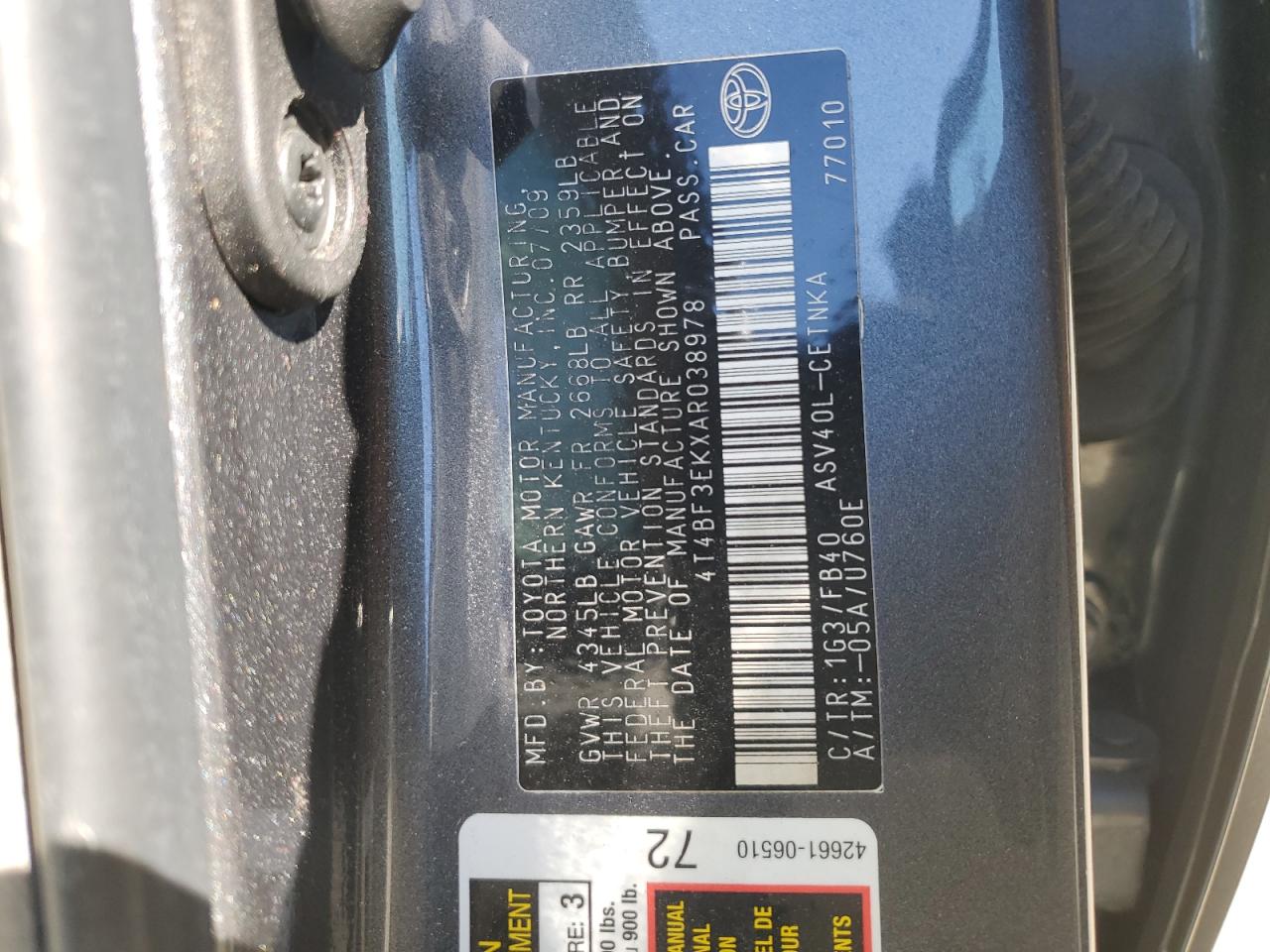 2010 Toyota Camry VIN 4T4BF3EKXAR038978 Copart auction photo, top/roof damage thumbnail 12
