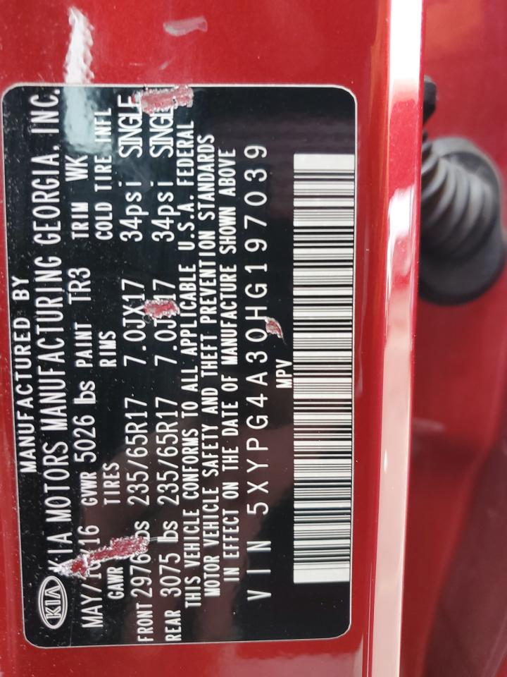 2017 KIA Sorento VIN 5XYPG4A30HG197039 Copart auction photo, front end damage thumbnail 12