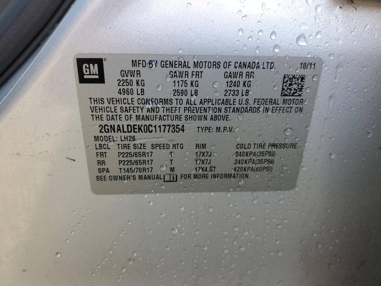 2012 Chevrolet Equinox VIN 2GNALDEK0C1177354 Copart auction photo, burn damage thumbnail 15