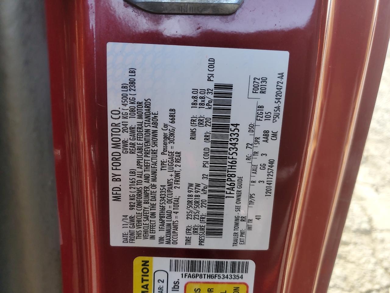 2015 Ford Mustang VIN 1FA6P8TH6F5343354 Copart auction photo, front end / rear end damage thumbnail 12