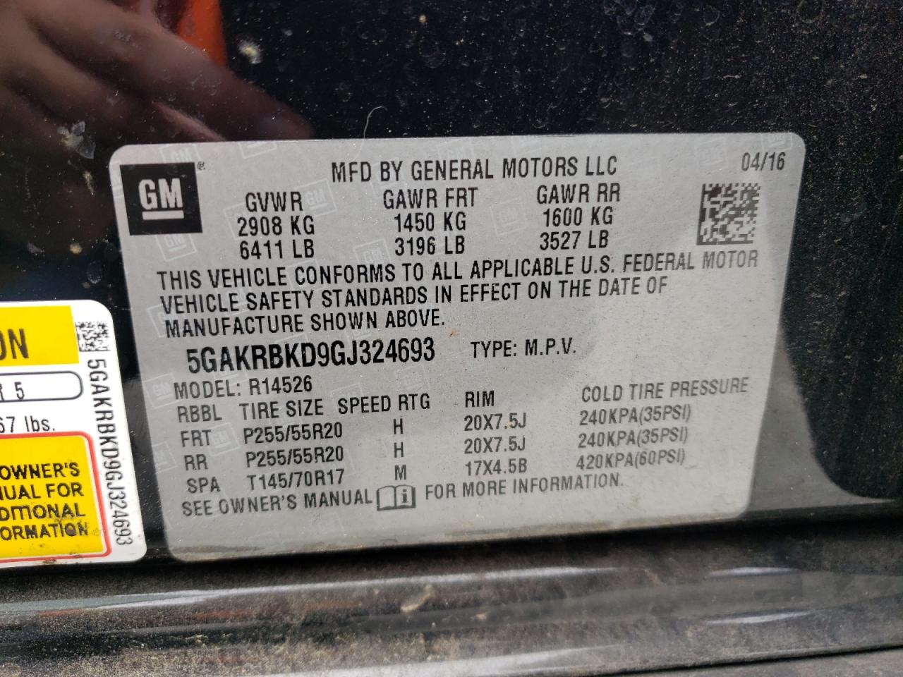 2016 Buick Enclave VIN 5GAKRBKD9GJ324693 Copart auction photo, front end / rear end damage thumbnail 13
