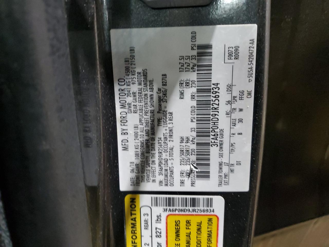 2018 Ford Fusion VIN 3FA6P0HD9JR256934 Copart auction photo, front end / side damage thumbnail 12