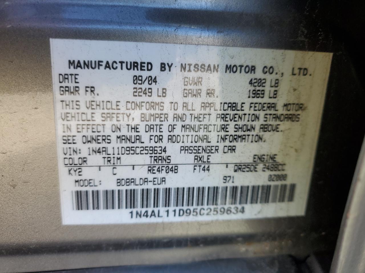 2005 Nissan Altima VIN 1N4AL11D95C259634 Copart auction photo, rear end / side damage thumbnail 14