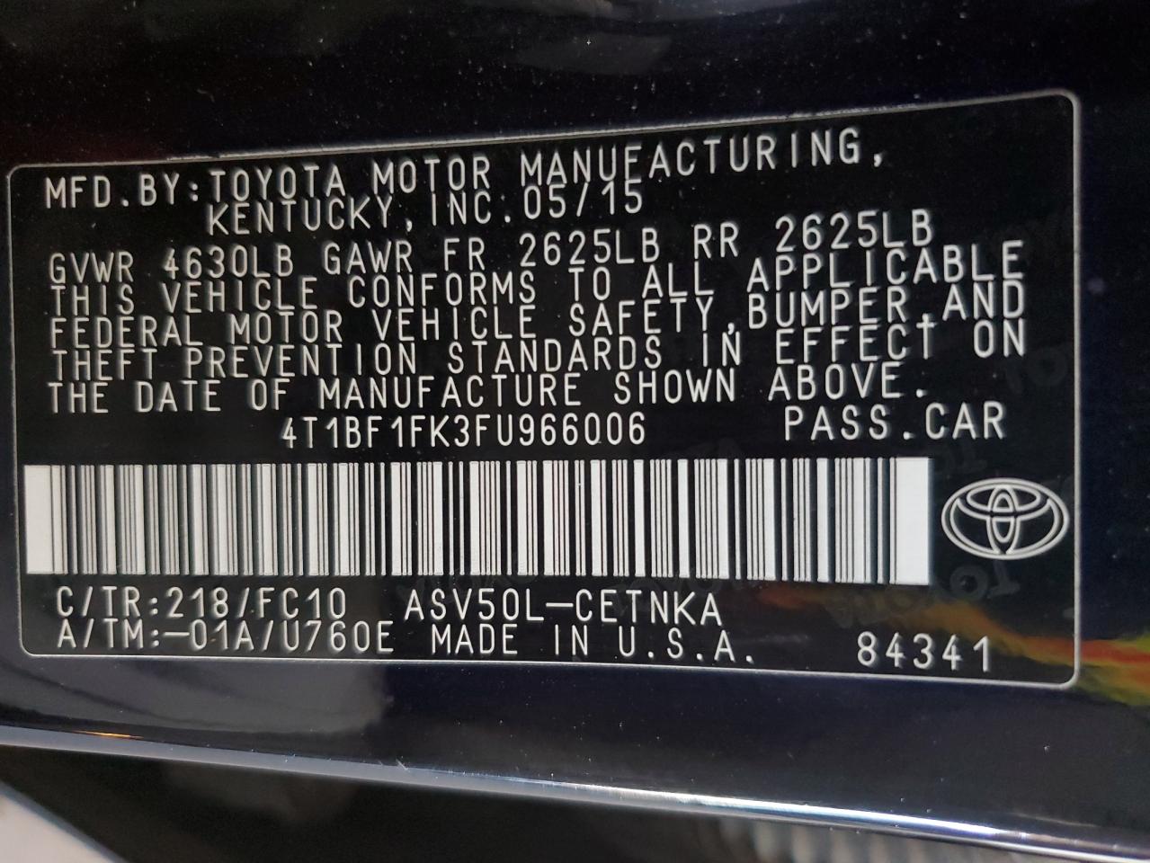 2015 Toyota Camry VIN 4T1BF1FK3FU966006 Copart auction photo, rear end damage thumbnail 12