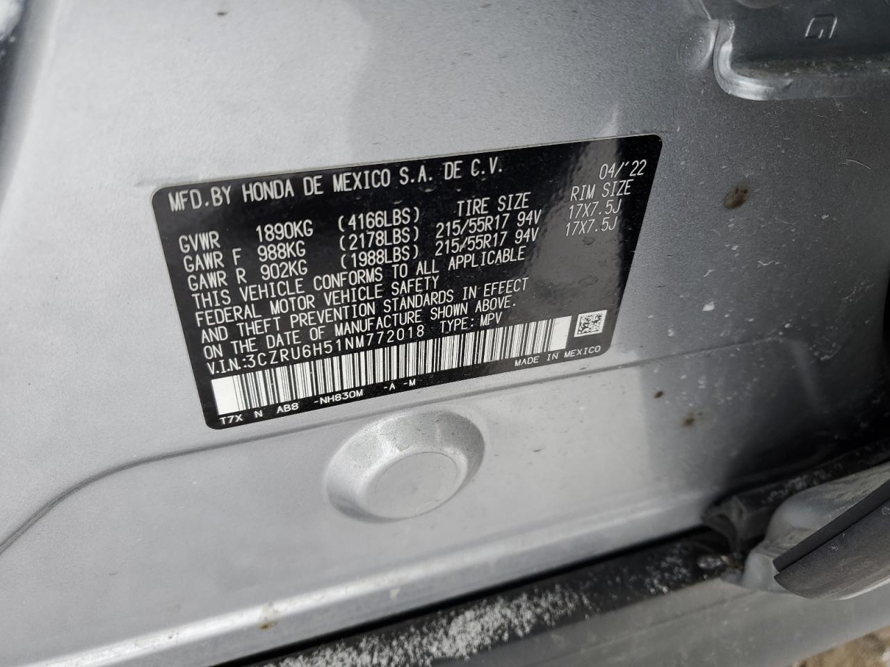 2022 Honda HR-V VIN 3CZRU6H51NM772018 Copart auction photo, all over / undercarriage damage thumbnail 15
