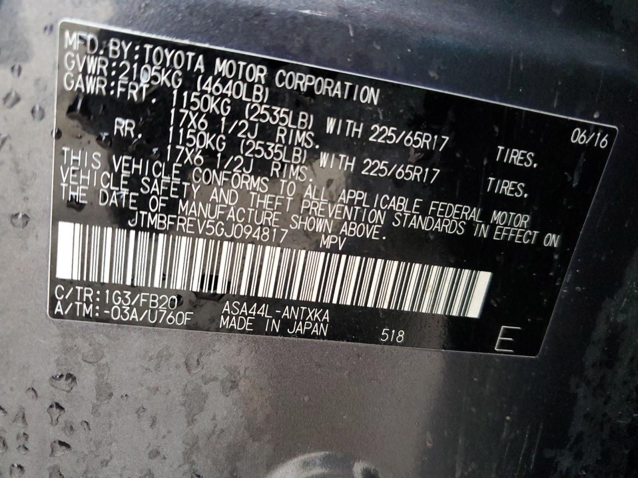 2016 Toyota RAV 4 VIN JTMBFREV5GJ094817 Copart auction photo, side damage thumbnail 13