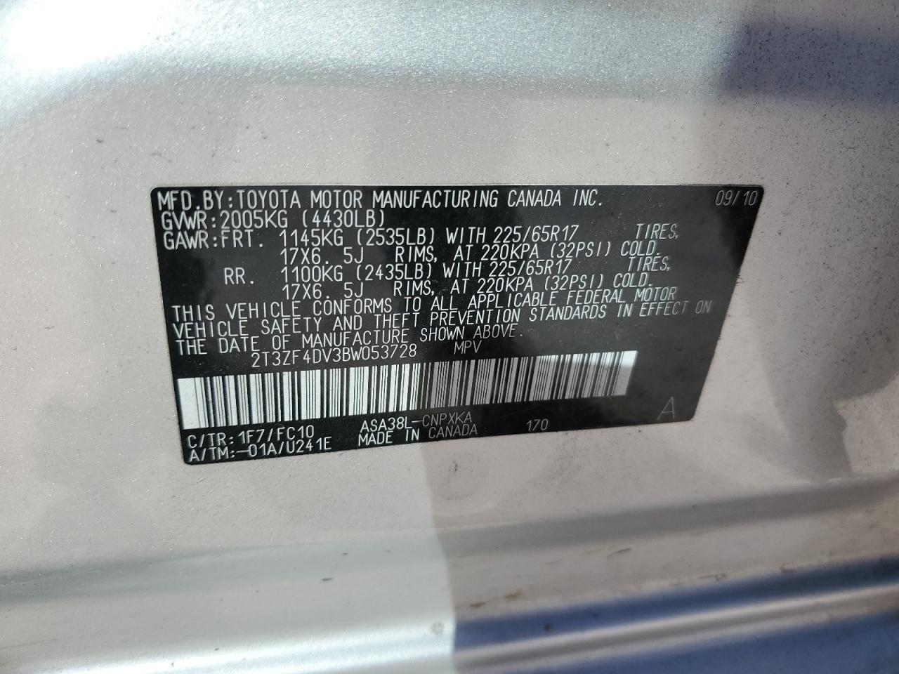 2011 Toyota RAV 4 VIN 2T3ZF4DV3BW053728 Copart auction photo, all over damage thumbnail 15