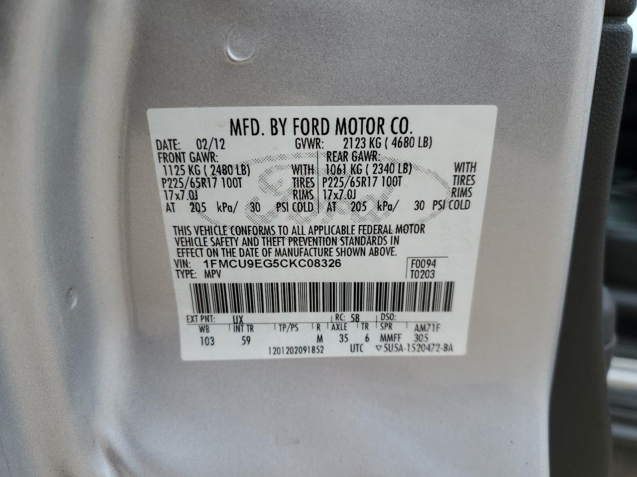2012 Ford Escape VIN 1FMCU9EG5CKC08326 Copart auction photo, side / minor dent/scratches damage thumbnail 14