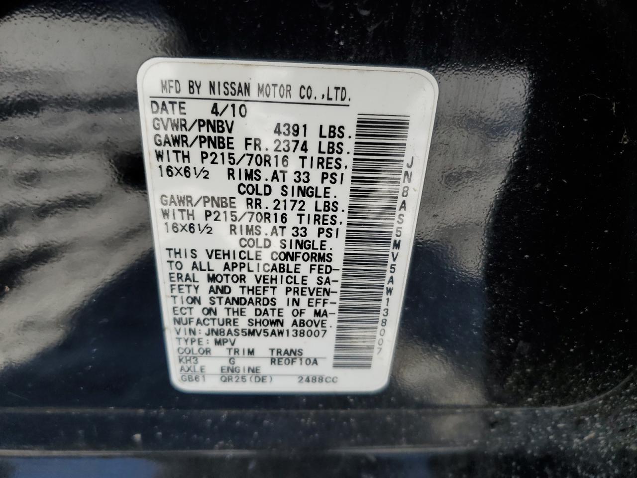 2010 Nissan Rogue VIN JN8AS5MV5AW138007 Copart auction photo, front end damage thumbnail 16