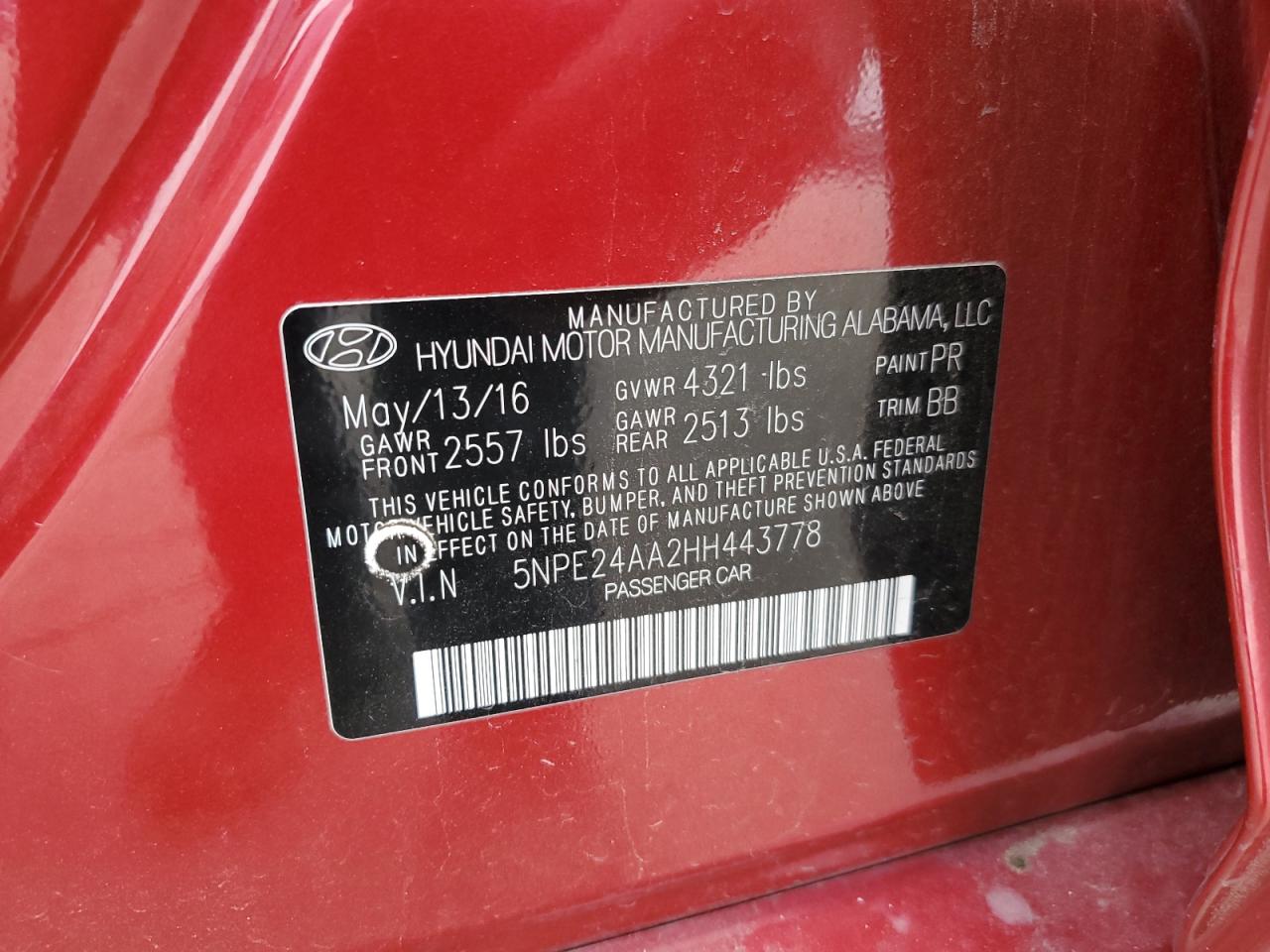 2017 Hyundai Sonata VIN 5NPE24AA2HH443778 Copart auction photo, mechanical / front end damage thumbnail 12