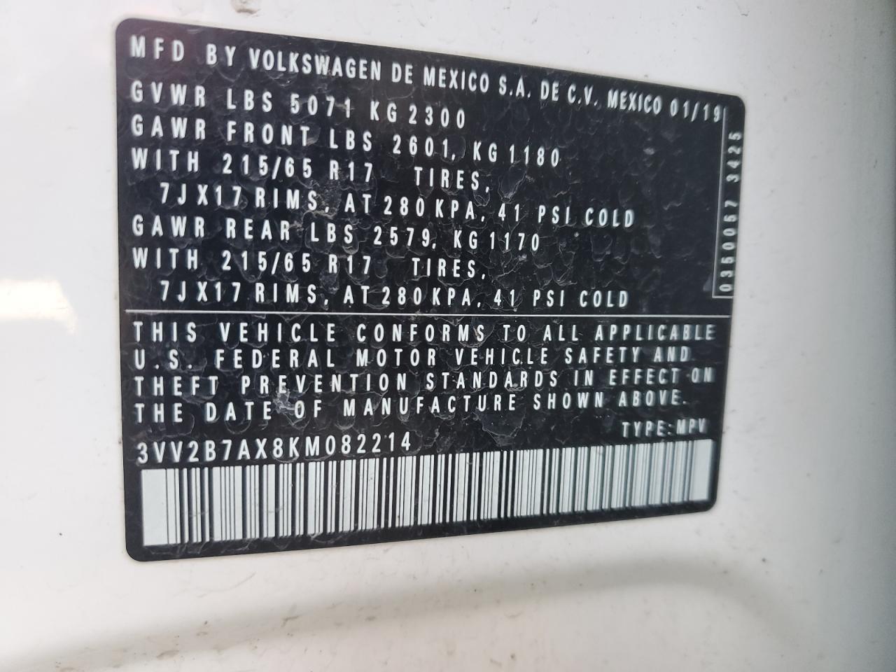 2019 Volkswagen Tiguan VIN 3VV2B7AX8KM082214 Copart auction photo, front end / minor dent/scratches damage thumbnail 13