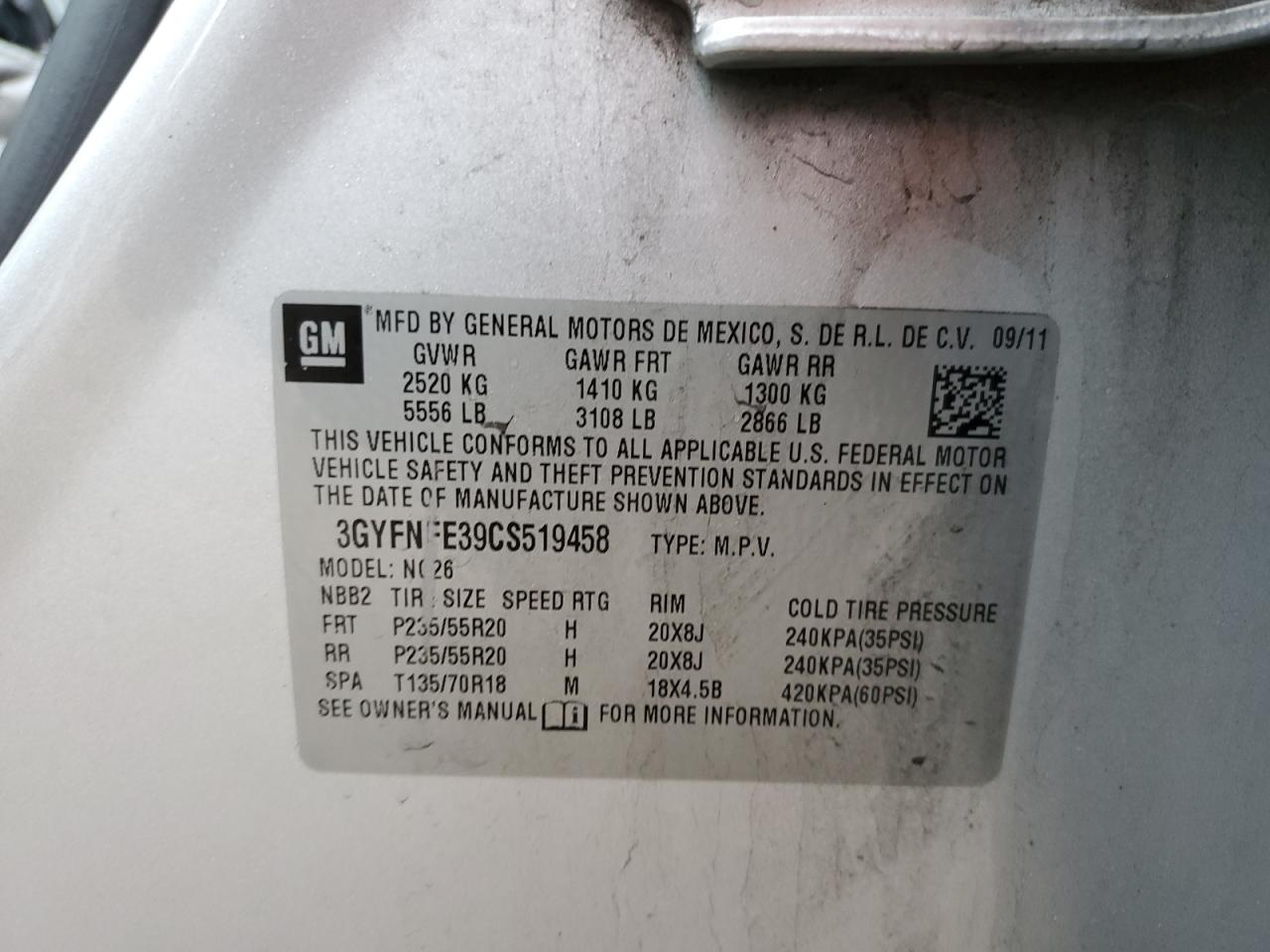 2012 Cadillac SRX VIN 3GYFNFE39CS519458 Copart auction photo, rear end / minor dent/scratches damage thumbnail 12