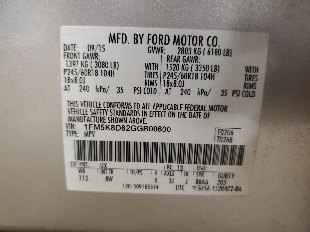 2016 Ford Explorer VIN 1FM5K8D82GGB00600 Copart auction photo, front end damage thumbnail 13