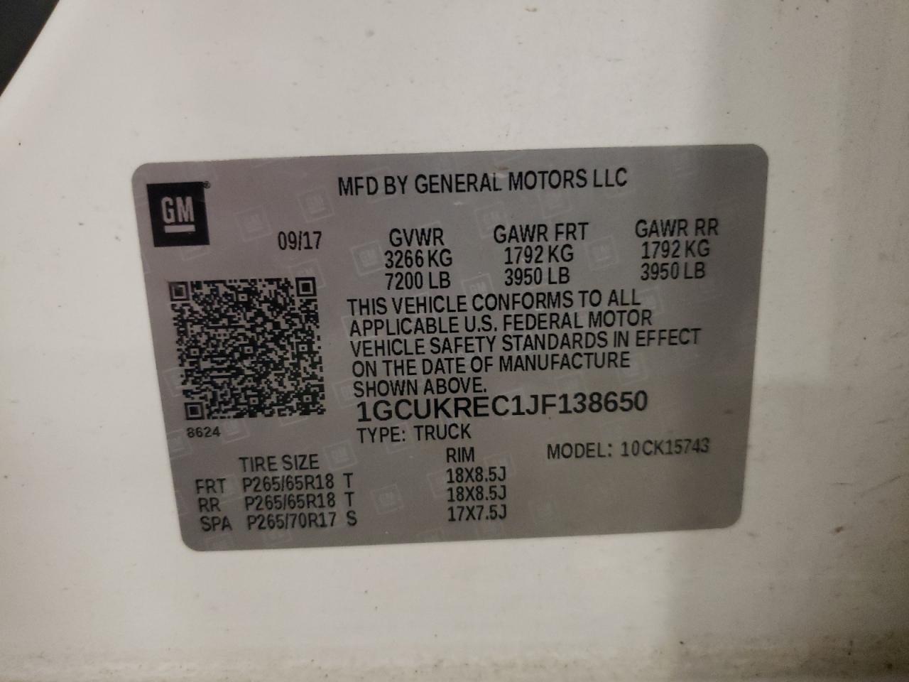 2018 Chevrolet Silverado VIN 1GCUKREC1JF138650 Copart auction photo, front end / hail damage thumbnail 14
