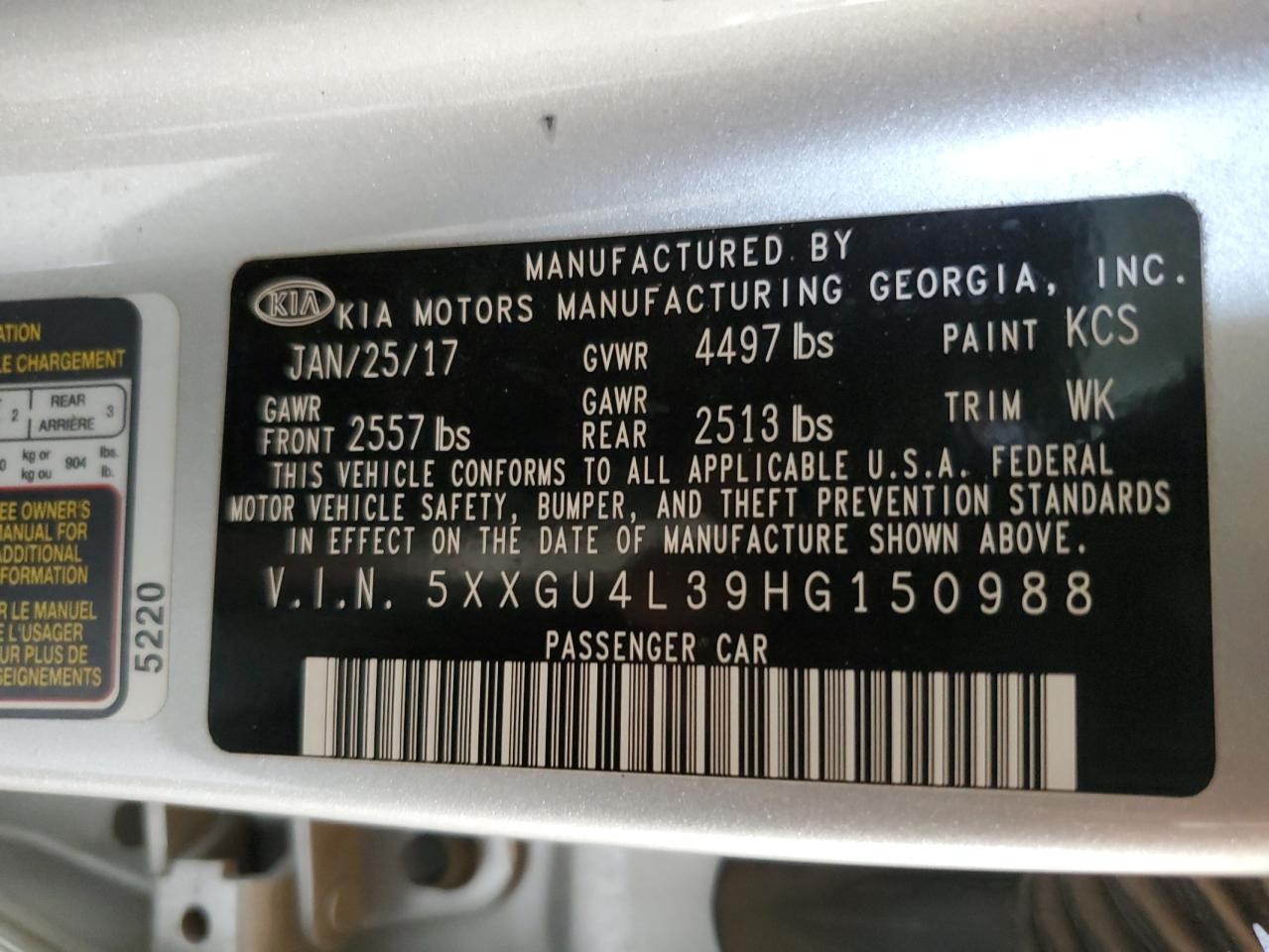 2017 KIA Optima VIN 5XXGU4L39HG150988 Copart auction photo, front end / side damage thumbnail 12