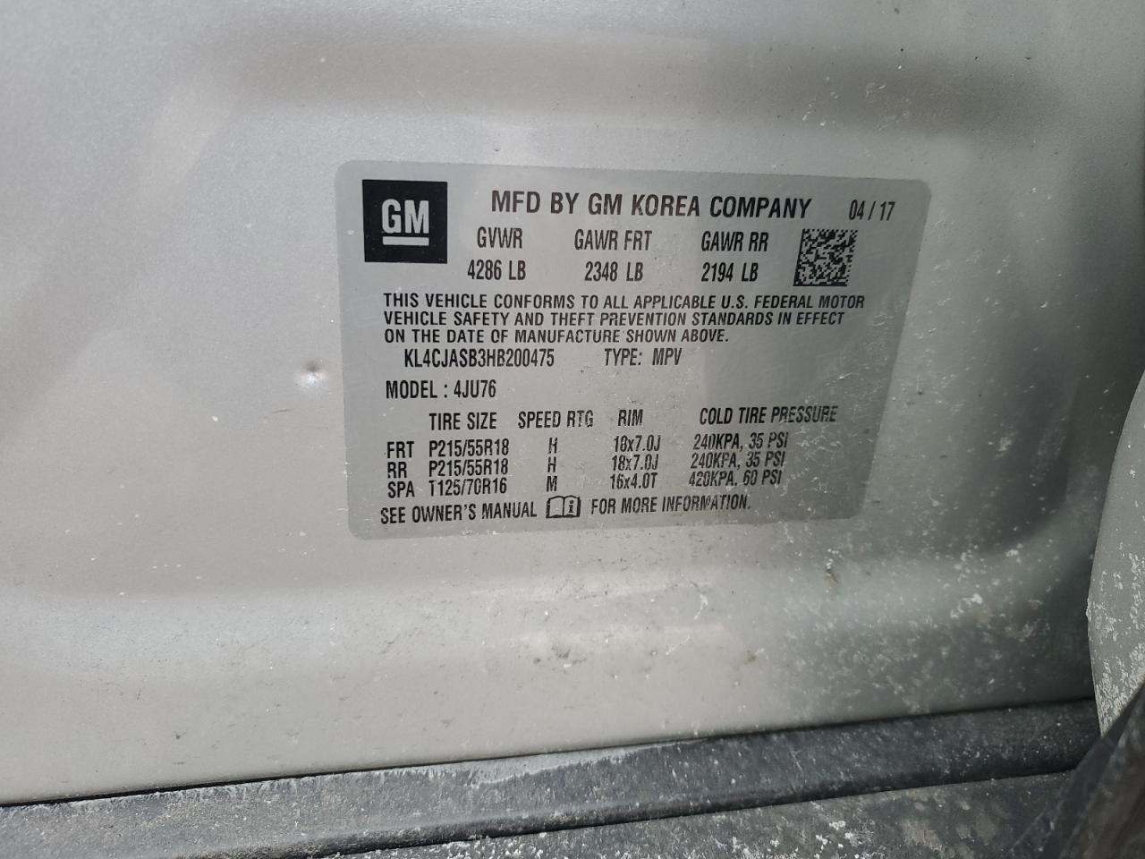 2017 Buick Encore VIN KL4CJASB3HB200475 Copart auction photo, front end damage thumbnail 13