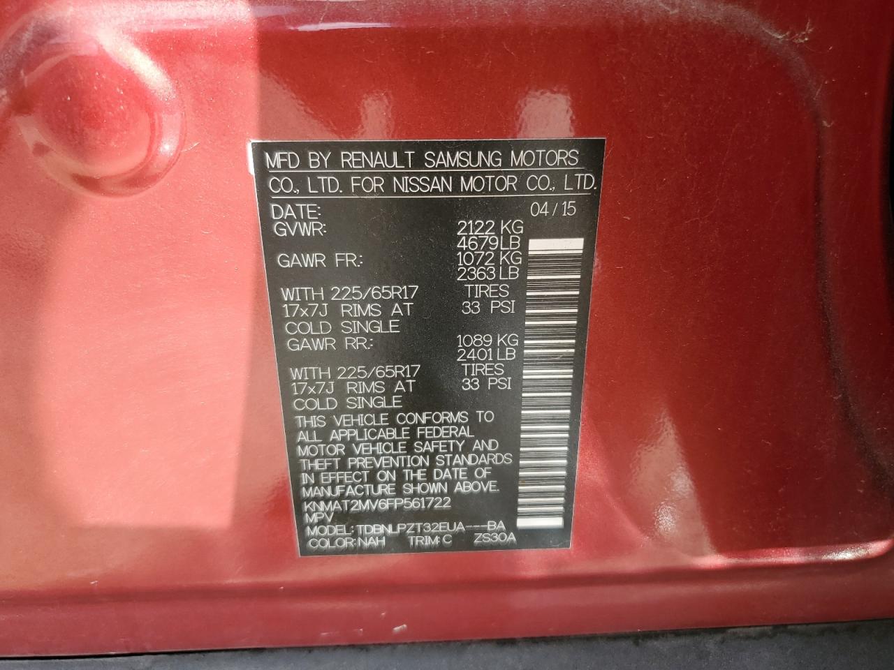 2015 Nissan Rogue VIN KNMAT2MV6FP561722 Copart auction photo, front end damage thumbnail 14