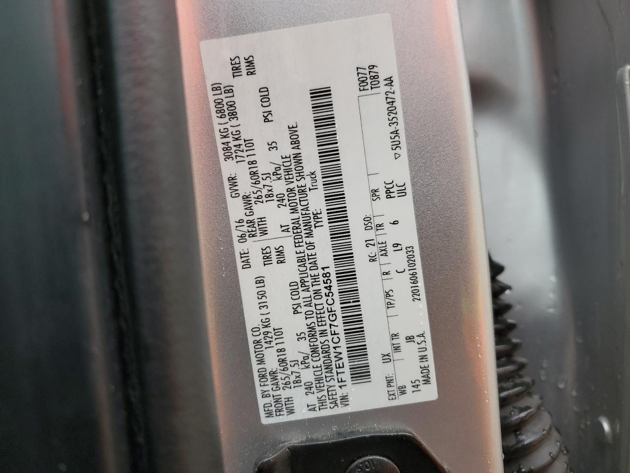 2016 Ford F-150 VIN 1FTEW1CF7GFC54581 Copart auction photo, side / rear end damage thumbnail 12