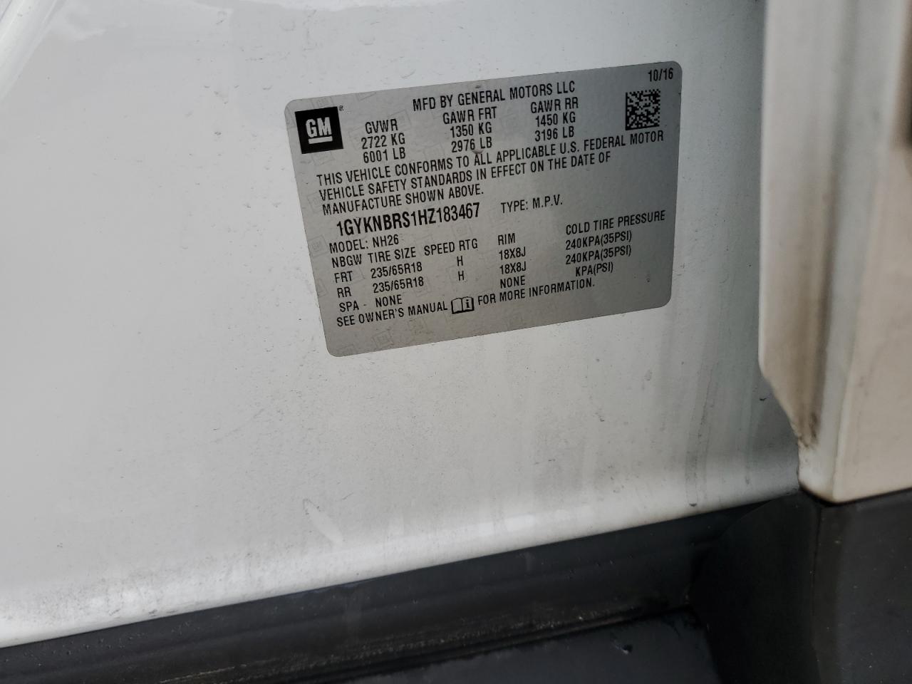 2017 Cadillac XT5 VIN 1GYKNBRS1HZ183467 Copart auction photo, water/flood damage thumbnail 14