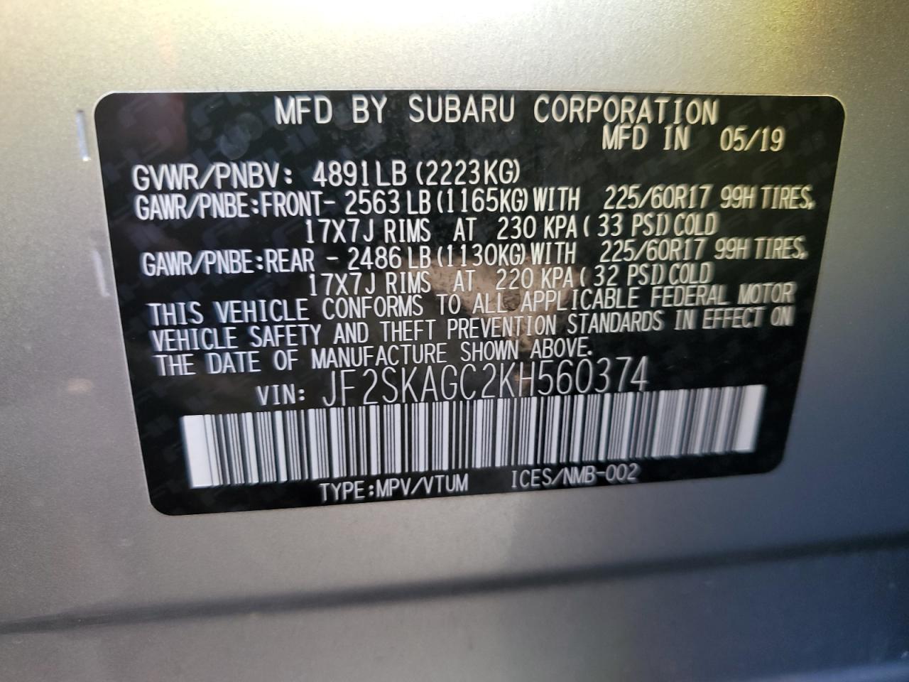 2019 Subaru Forester VIN JF2SKAGC2KH560374 Copart auction photo, front end damage thumbnail 15
