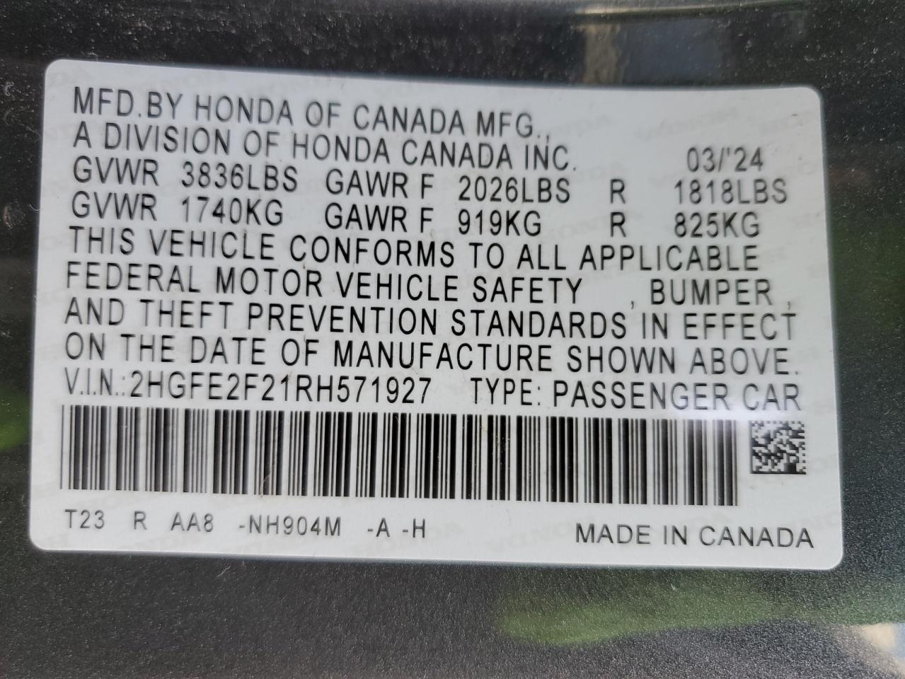 2024 Honda Civic VIN 2HGFE2F21RH571927 Copart auction photo, front end / side damage thumbnail 14