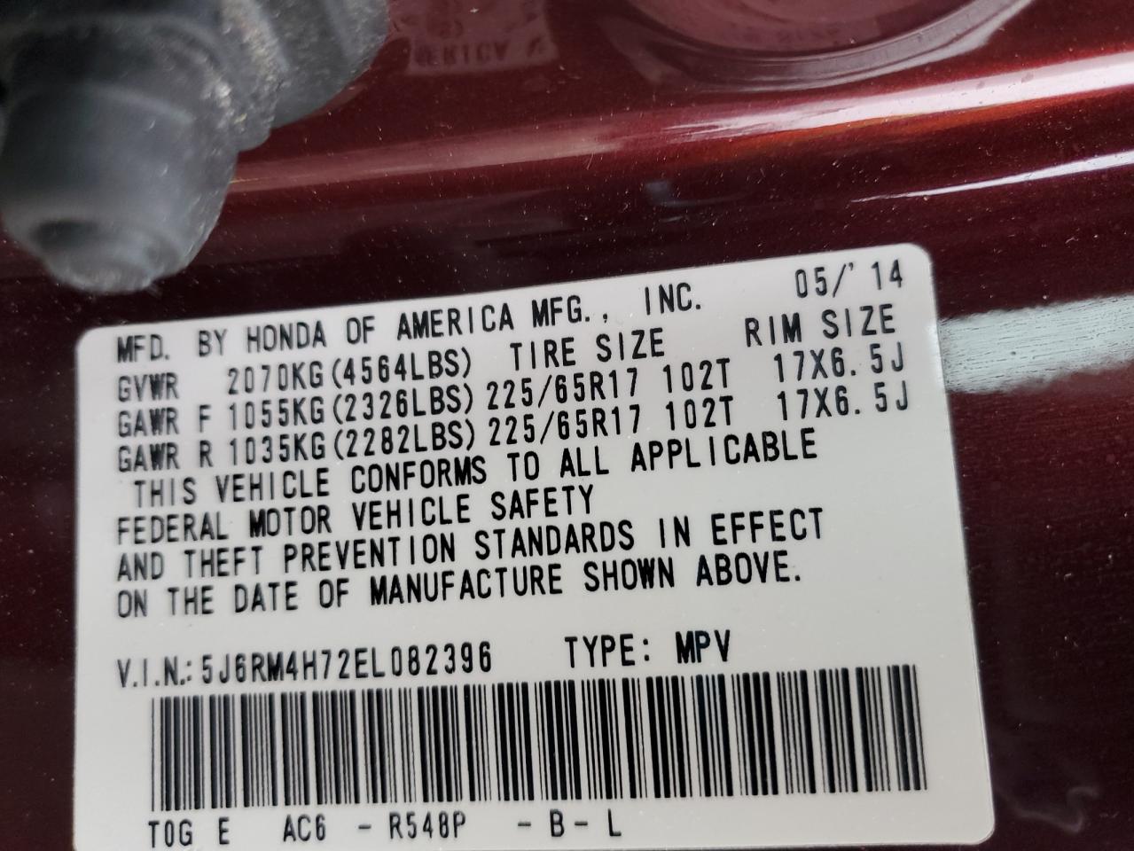 2014 Honda CR-V VIN 5J6RM4H72EL082396 Copart auction photo, front end damage thumbnail 12