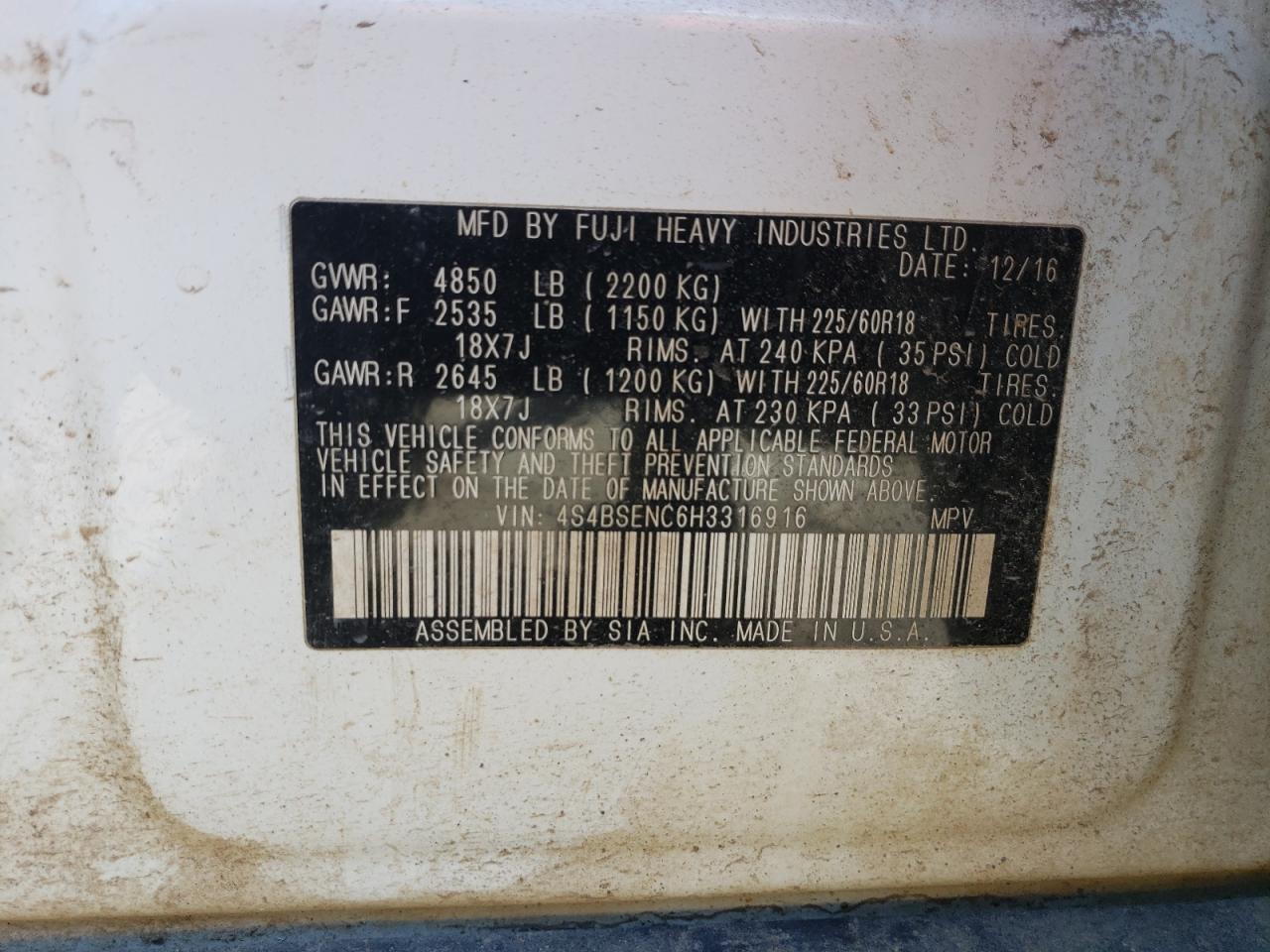 2017 Subaru Outback VIN 4S4BSENC6H3316916 Copart auction photo, side damage thumbnail 13