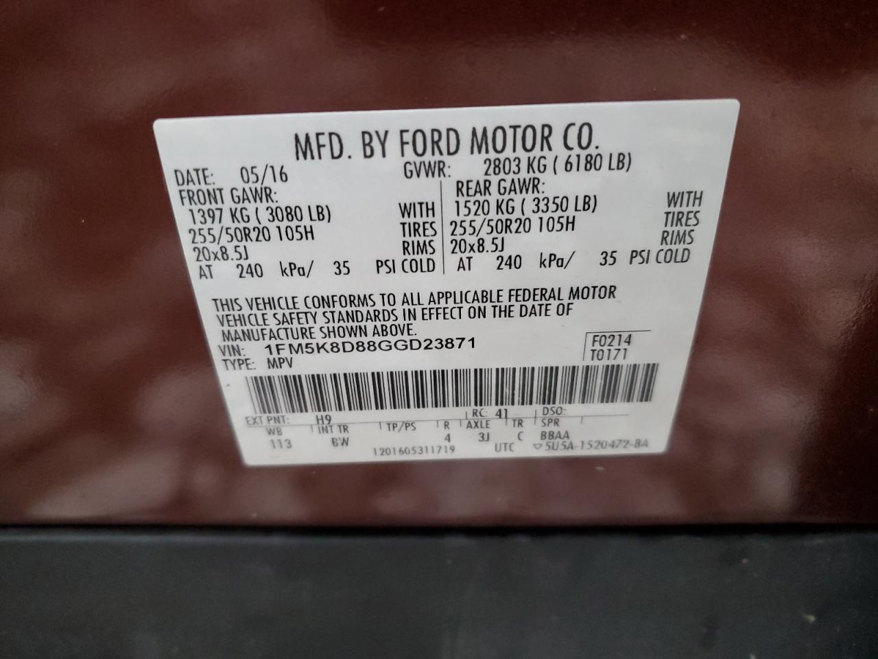 2016 Ford Explorer VIN 1FM5K8D88GGD23871 Copart auction photo, front end / side damage thumbnail 14