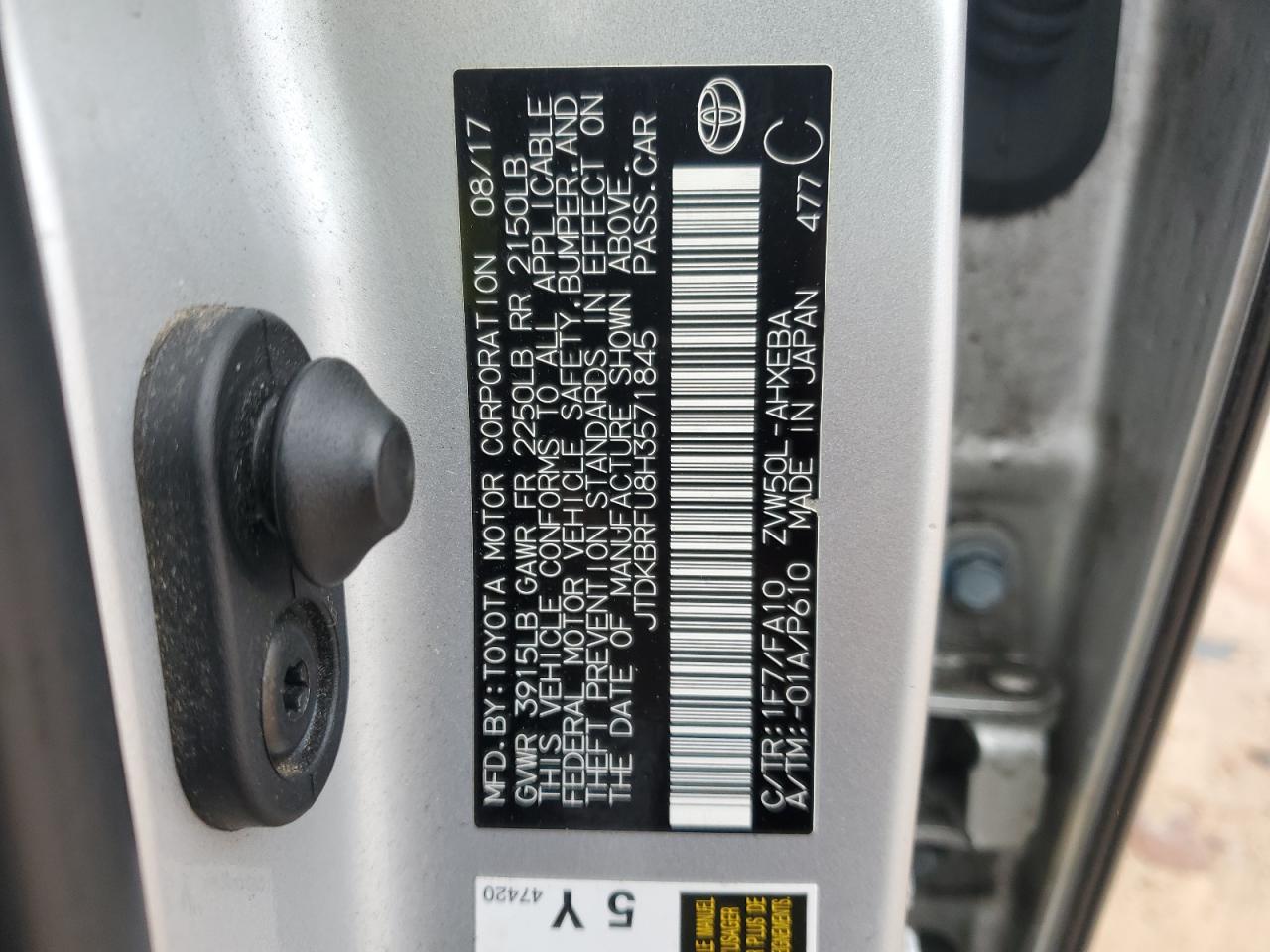 2017 Toyota Prius VIN JTDKBRFU8H3571845 Copart auction photo, side damage thumbnail 12
