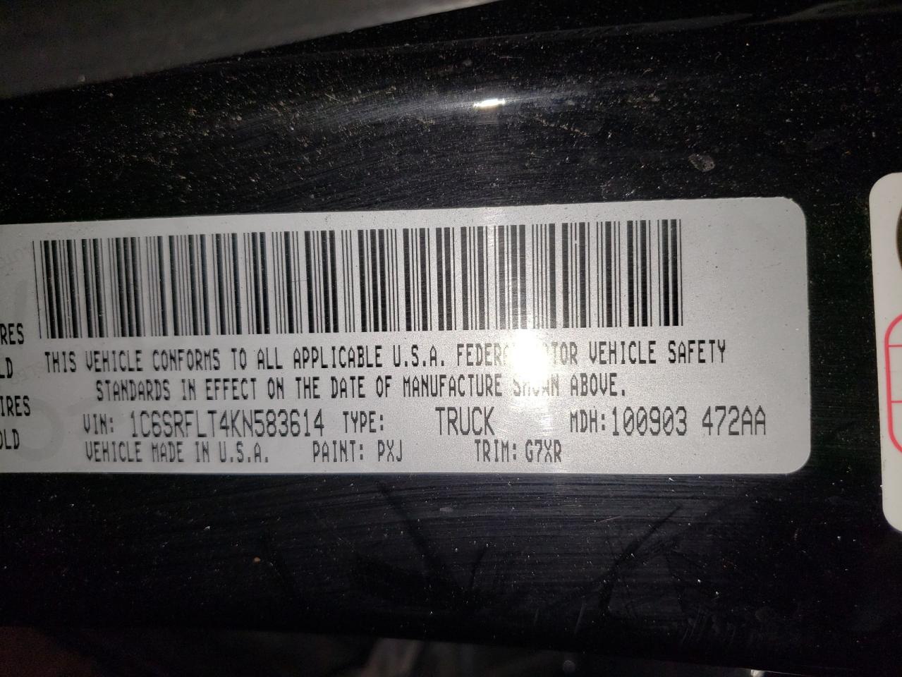 2019 RAM 1500 VIN 1C6SRFLT4KN583614 Copart auction photo, front end damage thumbnail 14